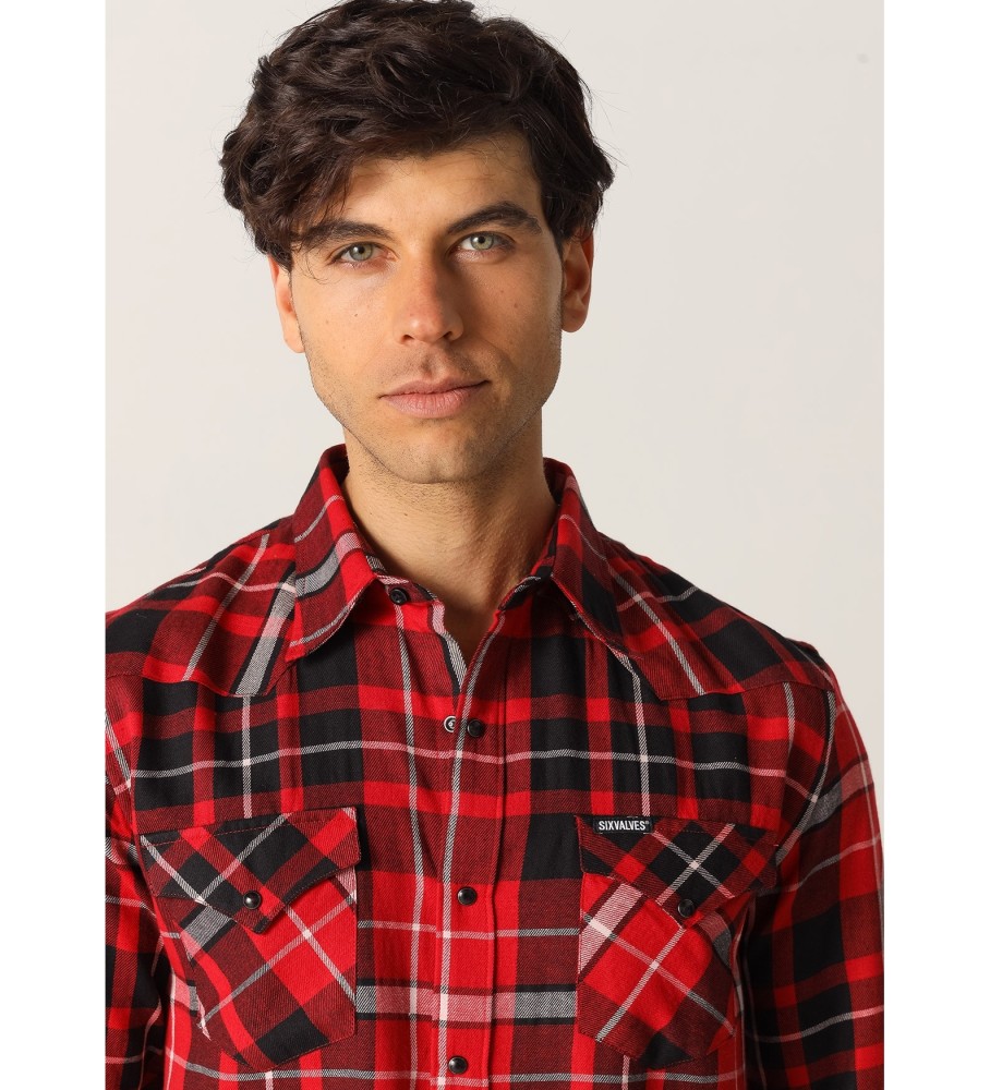 Camisa de manga comprida xadrez de flanela Six Valves com bolsos, vermelha