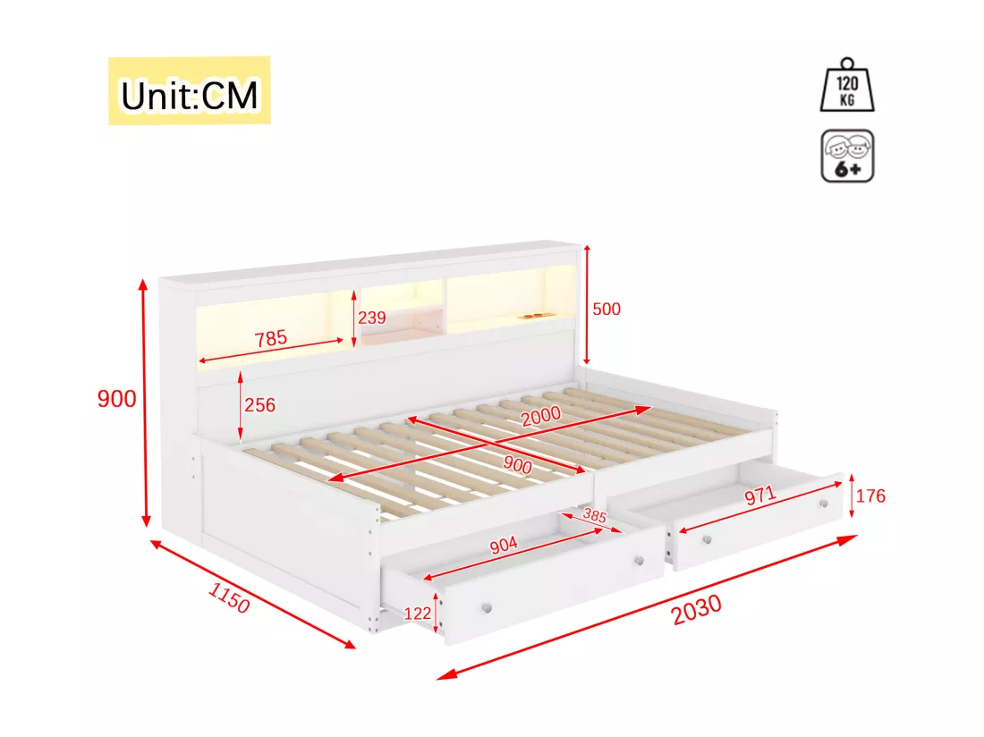 Lit banquette 90x200cm - avec prise USB & 2 tiroirs - sommier à lattes - Blanc