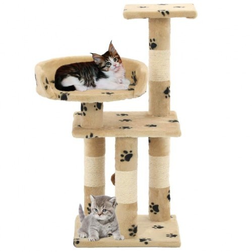 Arranhador bege para gatos com estampa de sisal e pegadas.