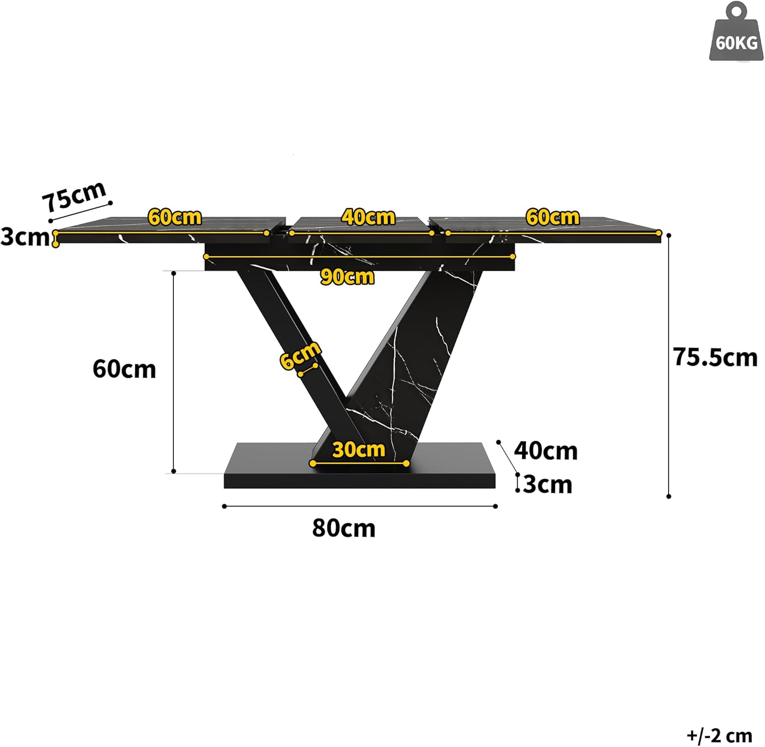 Esstisch Teleskoptisch (120-160 * 75cm), Tisch,mit Hilfe Innenliegender Einlegeplatten auf 120-160cm Ausziehbar, Esstisch mit Schwarzem Marmormuster