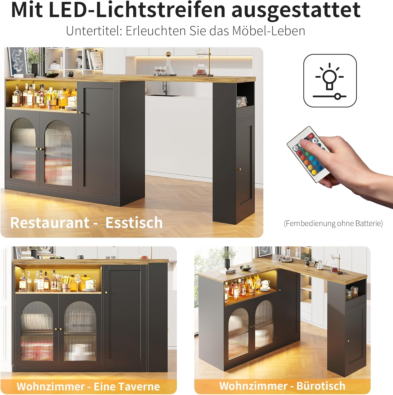 Um 360° drehbarer Bartisch (Hauptkörper: 198 x 39,6 x 97 cm), Mattschwarzer Schrank mit Schreibtisch in Holzmaserung, mit Changhong-Glasschranktür und LED-Licht, Sideboard