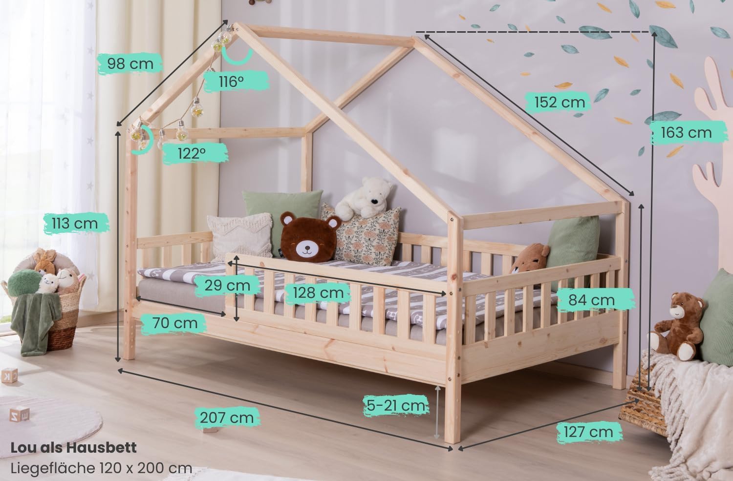 TiCAA Hausbett Bodenbett wandelbar mit asymmetrischem Lou 90/100/120/140x200 cm für Jungen & Mädchen, inkl. Rolllattenrost, Zusatzbett & Rausfallschutz, Montessori Bett aus Kiefer Massivholz