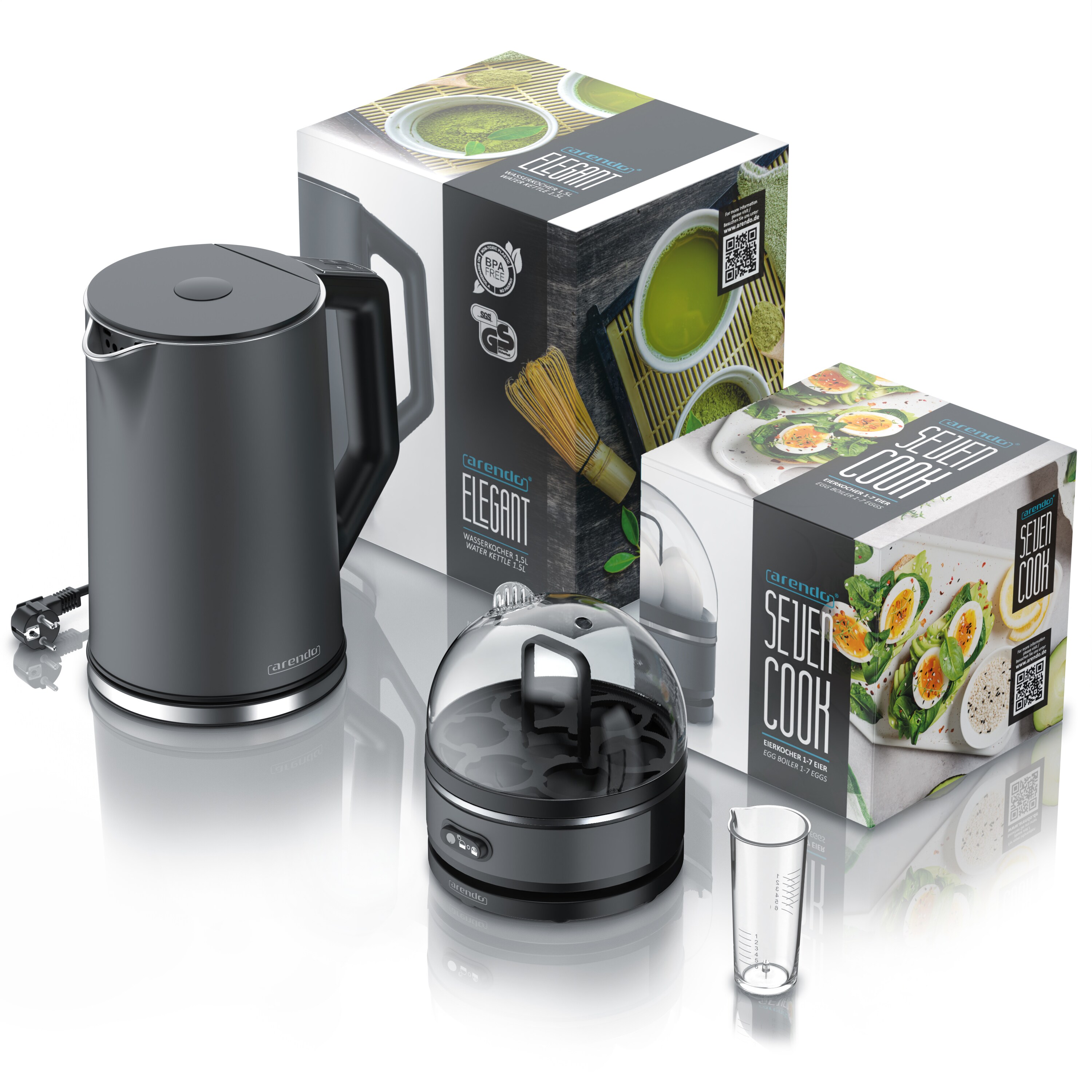 Arendo - Set Wasserkocher ELEGANT mit Eierkocher SEVENCOOK Edelstahl Grau, Wasserkocher 1,5L 40° - 100°C Warmhaltefunktion, Eierkocher 1-7 Eier