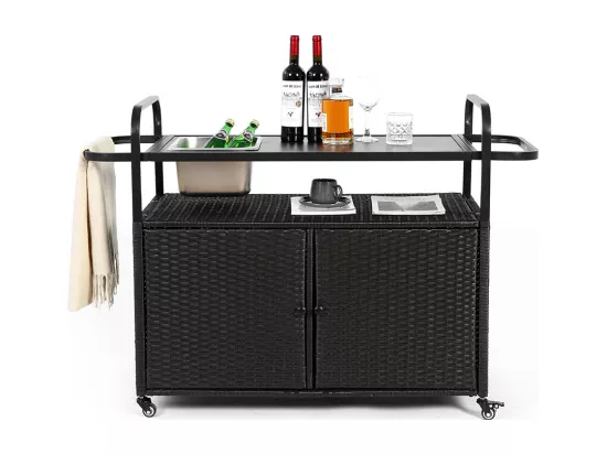 Desserte table de bar d'extérieur chariot de bar en osier avec armoire avec plateau en acier et un seau à glace roues verrouillables noir