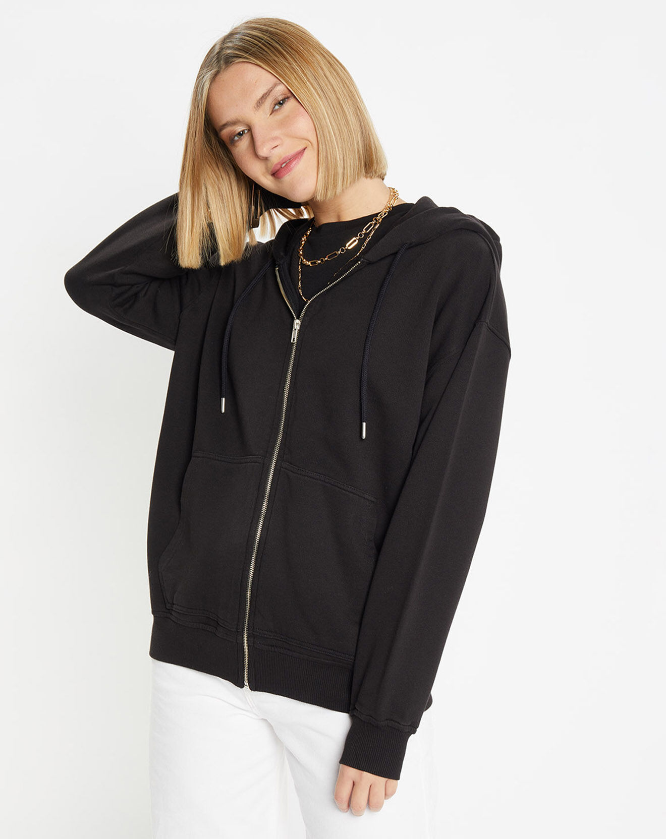 Galeries Lafayette Sweat zippé en Coton bio Mathalie à capuche noir