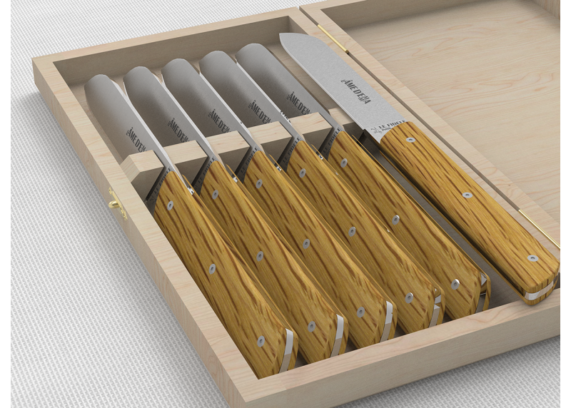 Service de 6 couteaux de table avec un manche en bois de chêne et lame en acier inoxydable