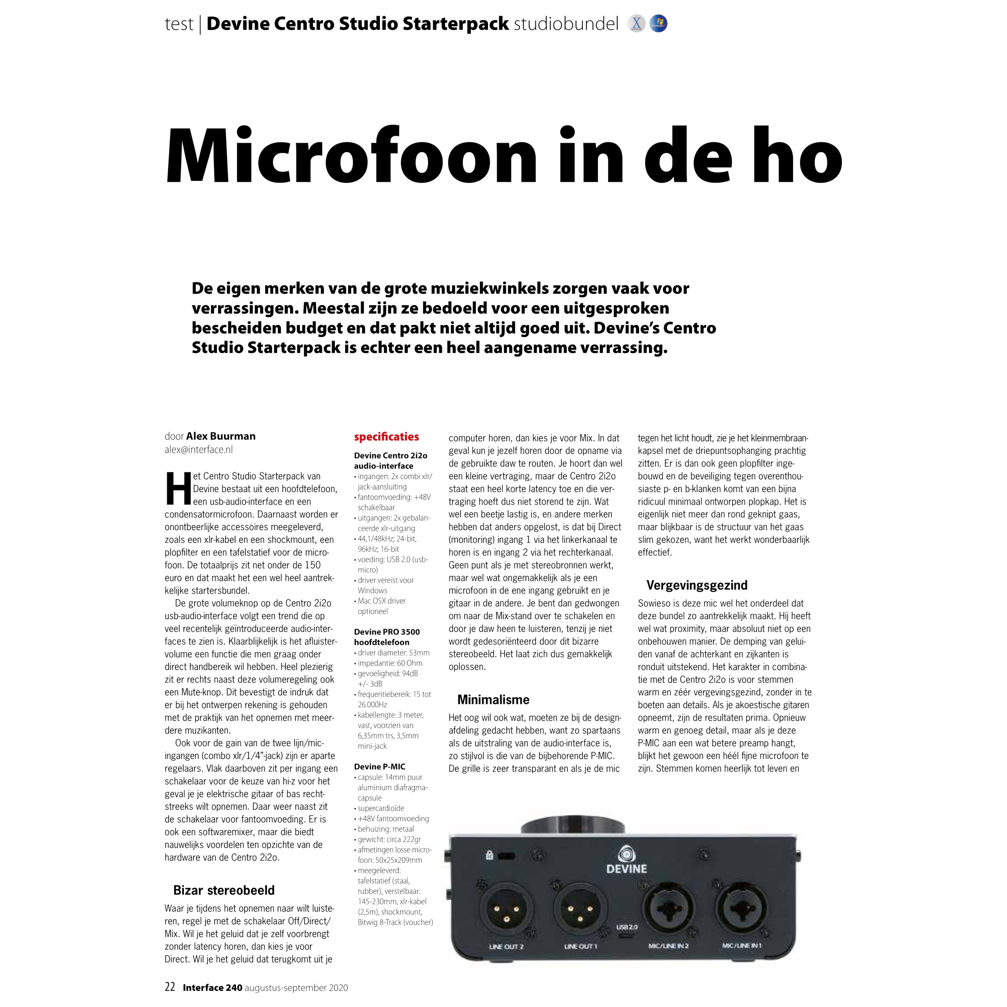Devine Centro 2i2o audio interface