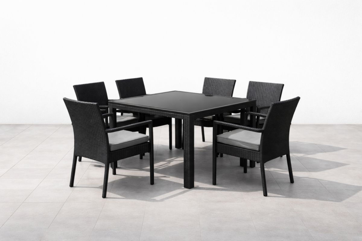 Gartenmöbel Set Esstisch 6 Stühle Rattan Glasplatte Schwarz