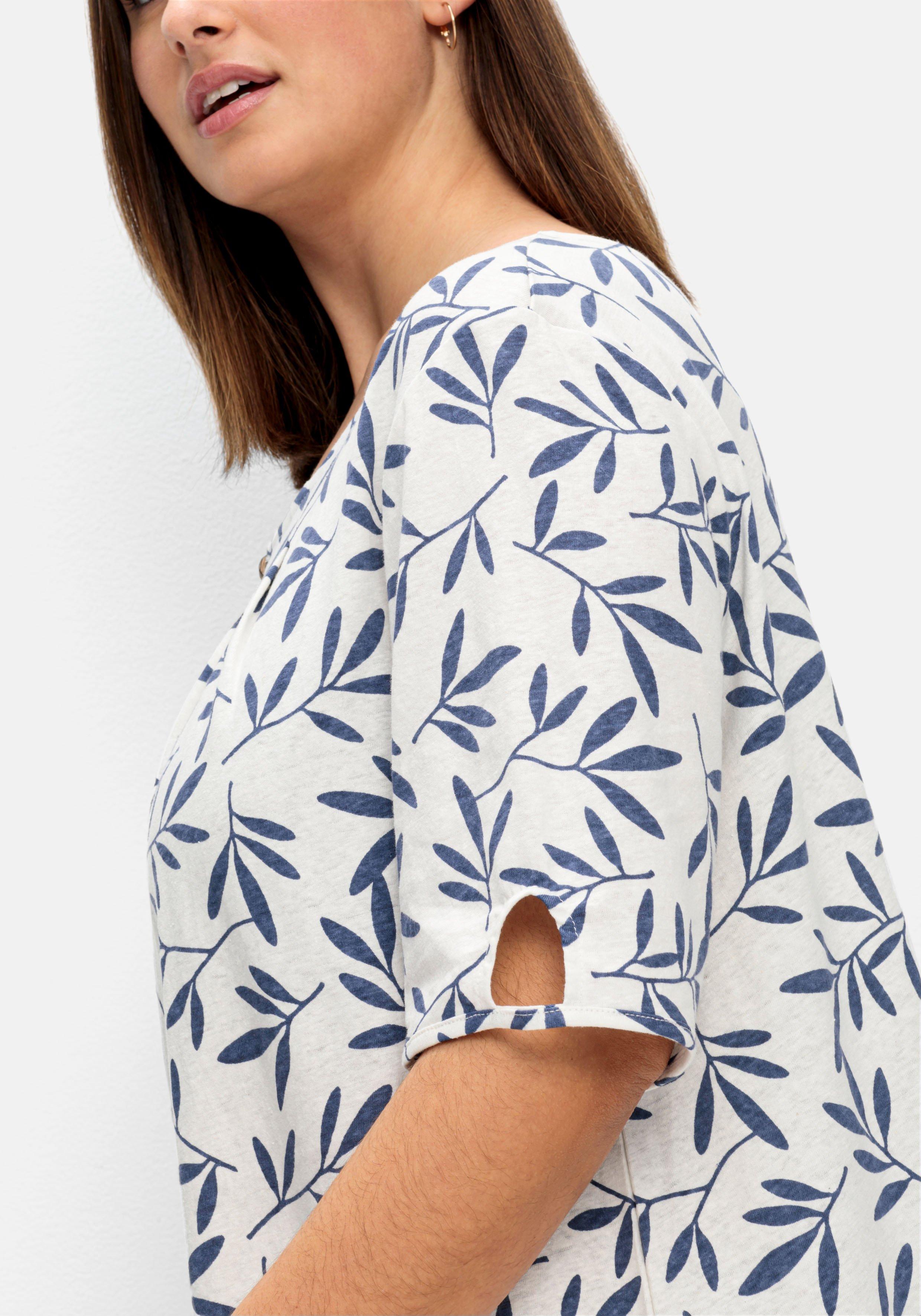 T-Shirt mit Blätterprint, im Leinen-Mix