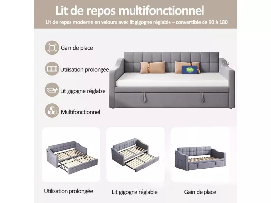 Lit gigogne 90×190 lit rembourré 2 en 1 Canapé-lit multifonction en velours avec prise de courant et sac de rangement gris