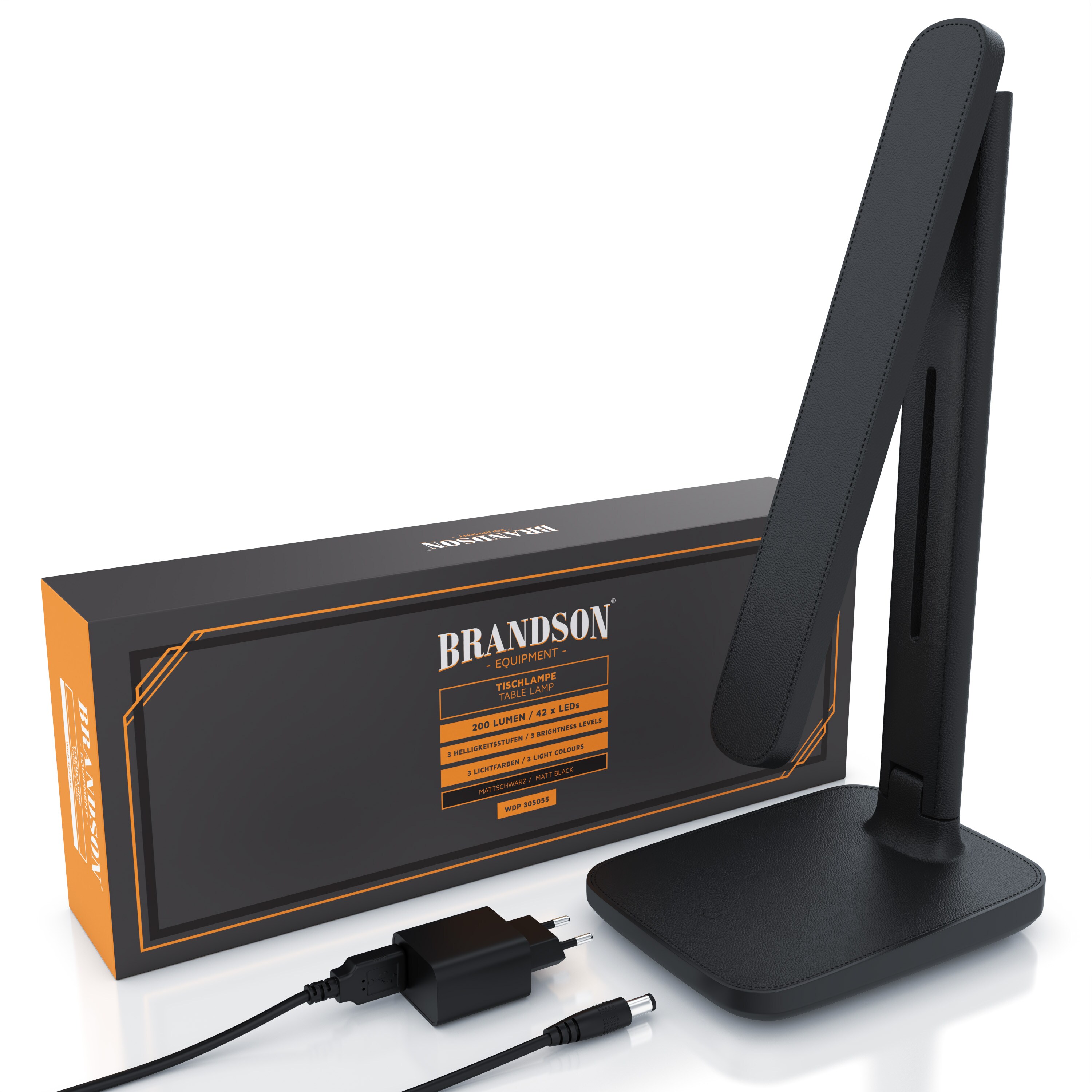 Brandson LED Schreibtischlampe mit 3 Helligkeitsstufen, Leder-Design, 42 LEDs dimmbar, 3 Farbtemperaturen, Sensor Touch, mit Netzteil, Schwarz