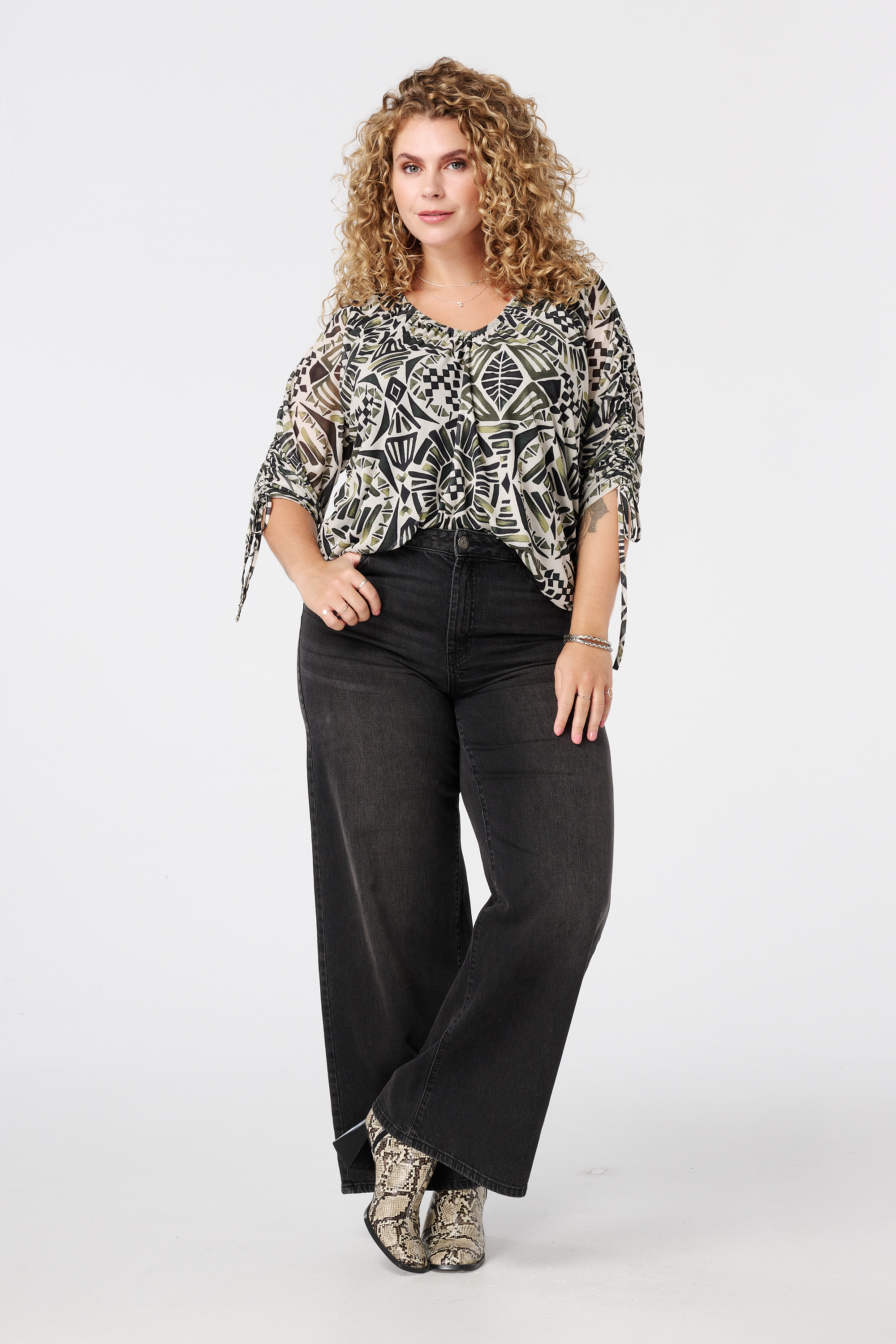 Blouse met print en drawstring mouwen Multi Green