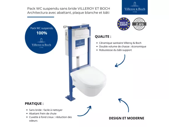 Pack WC suspendu sans bride VILLEROY ET BOCH Architectura 37 x 53 + abattant + plaque blanche + bâti