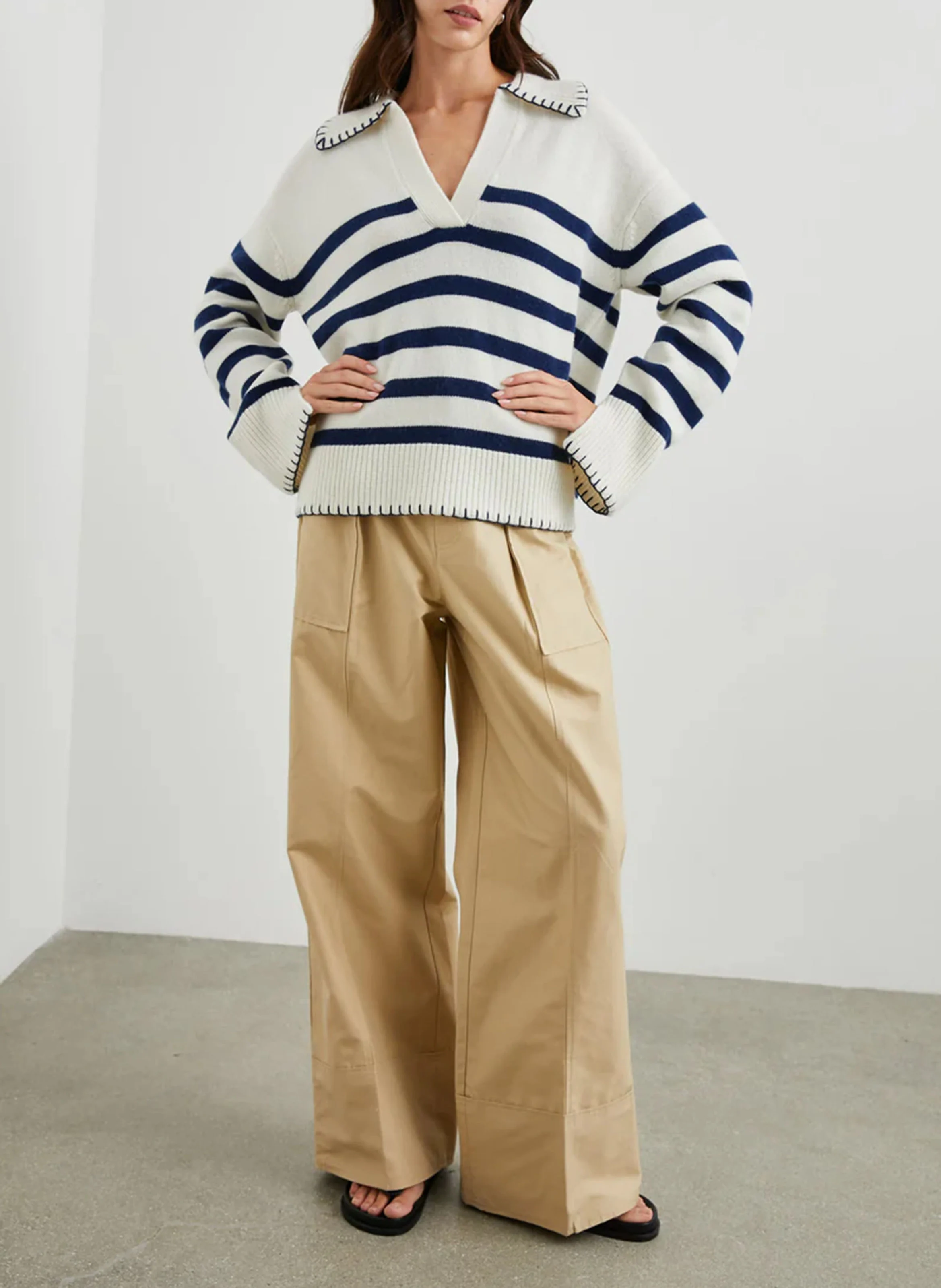 ATHENA - Pull col classique rayé en coton | Bleu