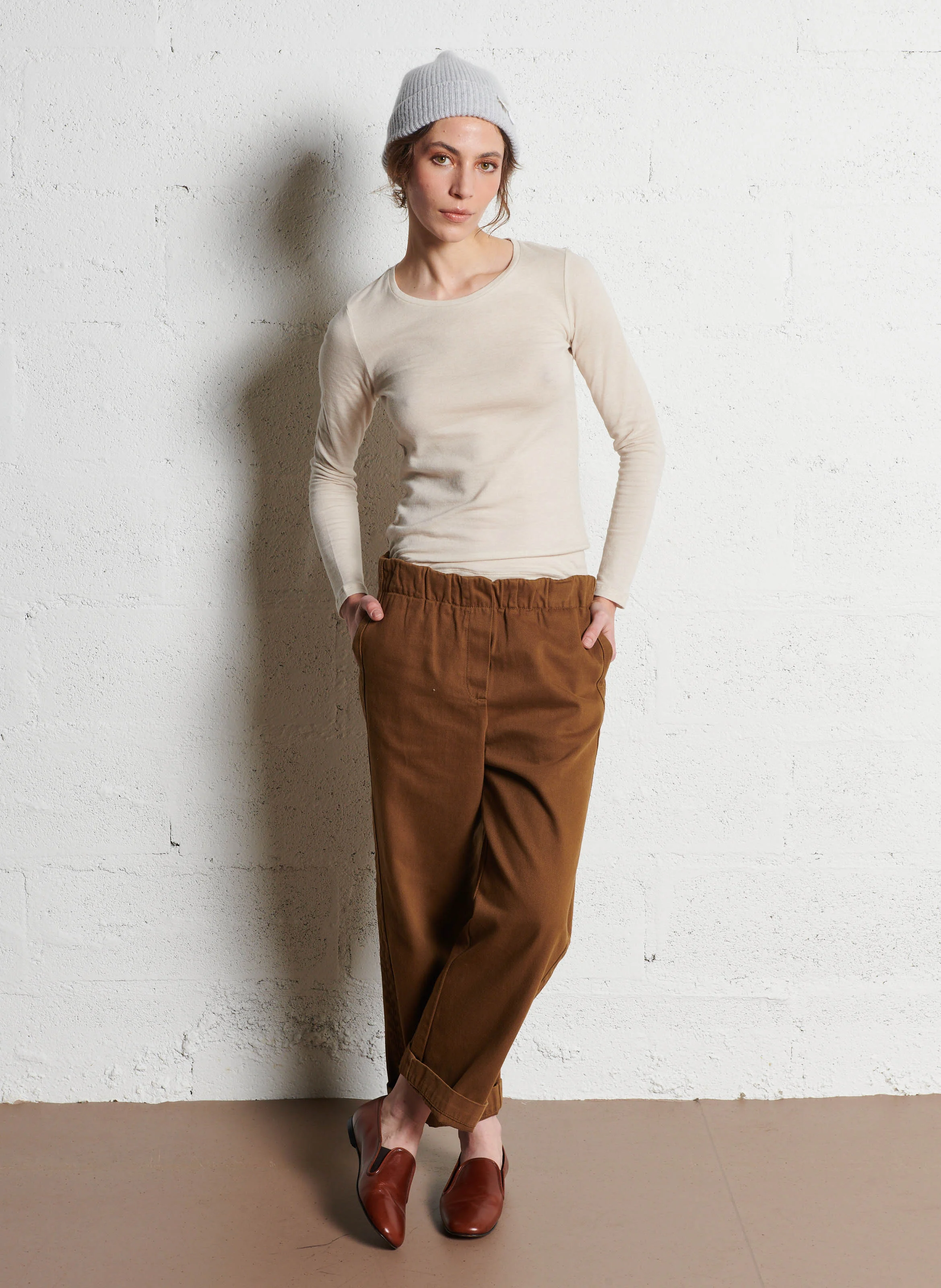 PENNY - Pantalon droit cropped en coton | Marron