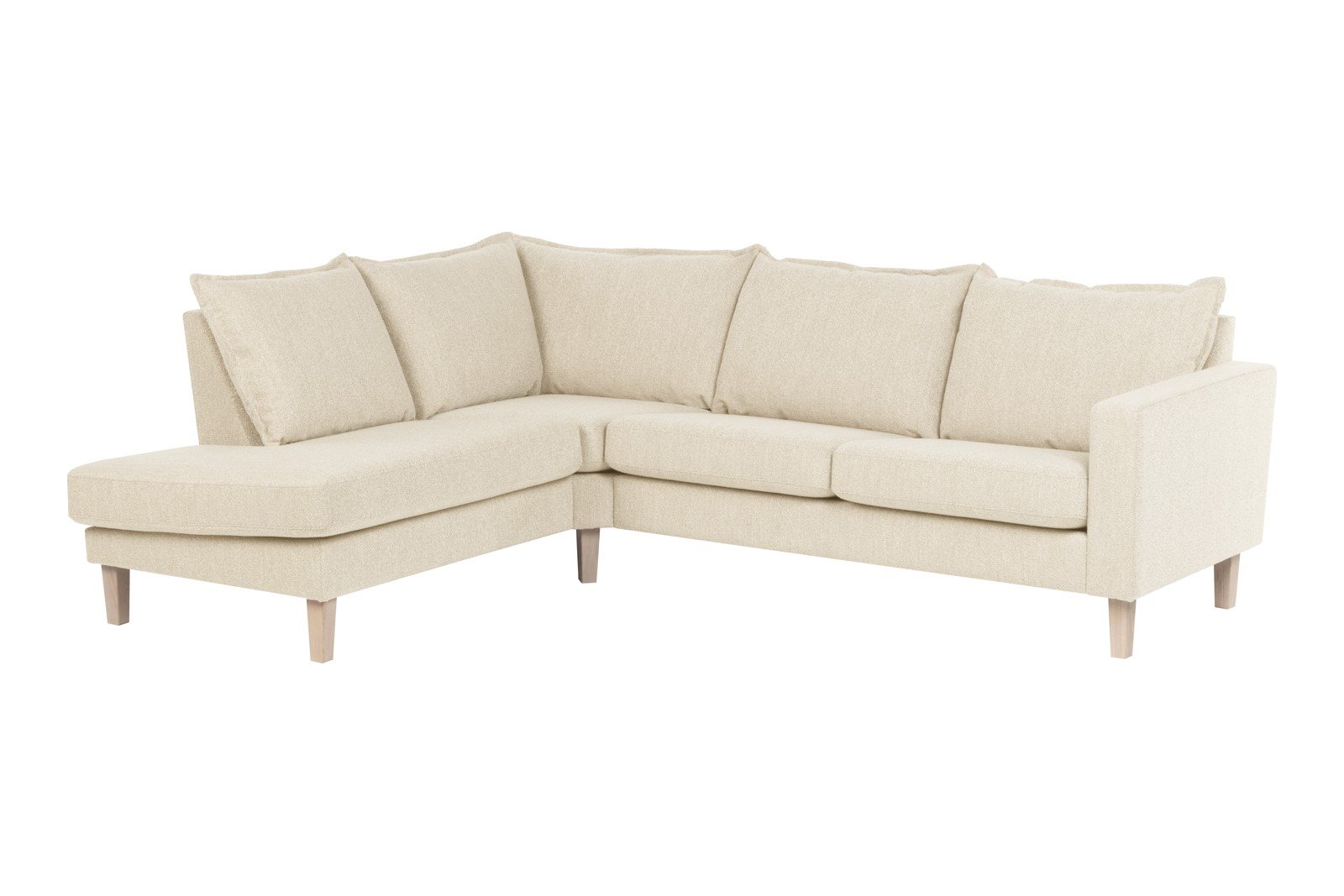 Slogen hjørnesofa Oppsett AV. 2,5-seter med åpen ende venstre. Tekstil Viva Marble med soft ryggpute. Vange B og hvitpigmentert ben 178.