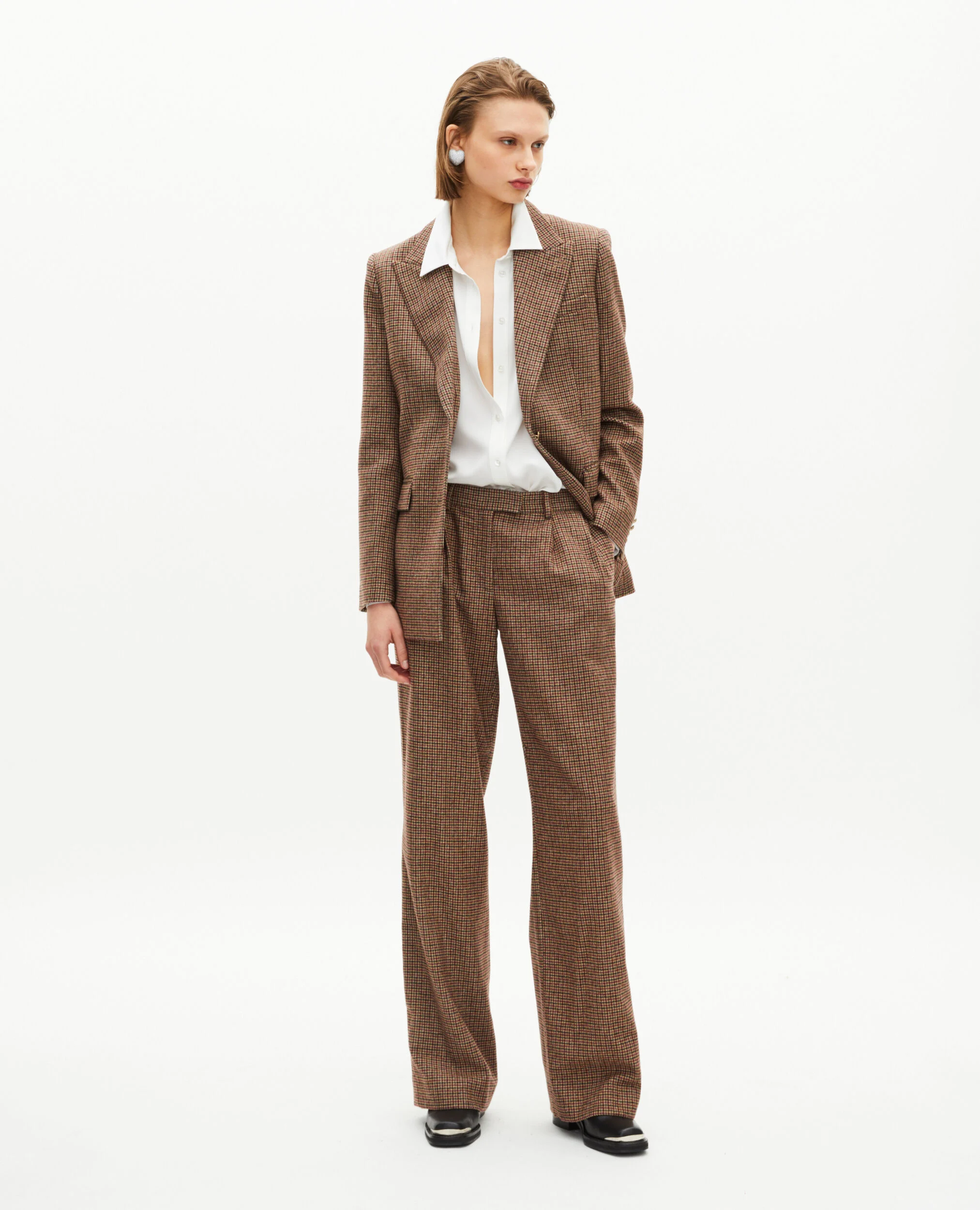 Veste tailleur en pied de poule camel