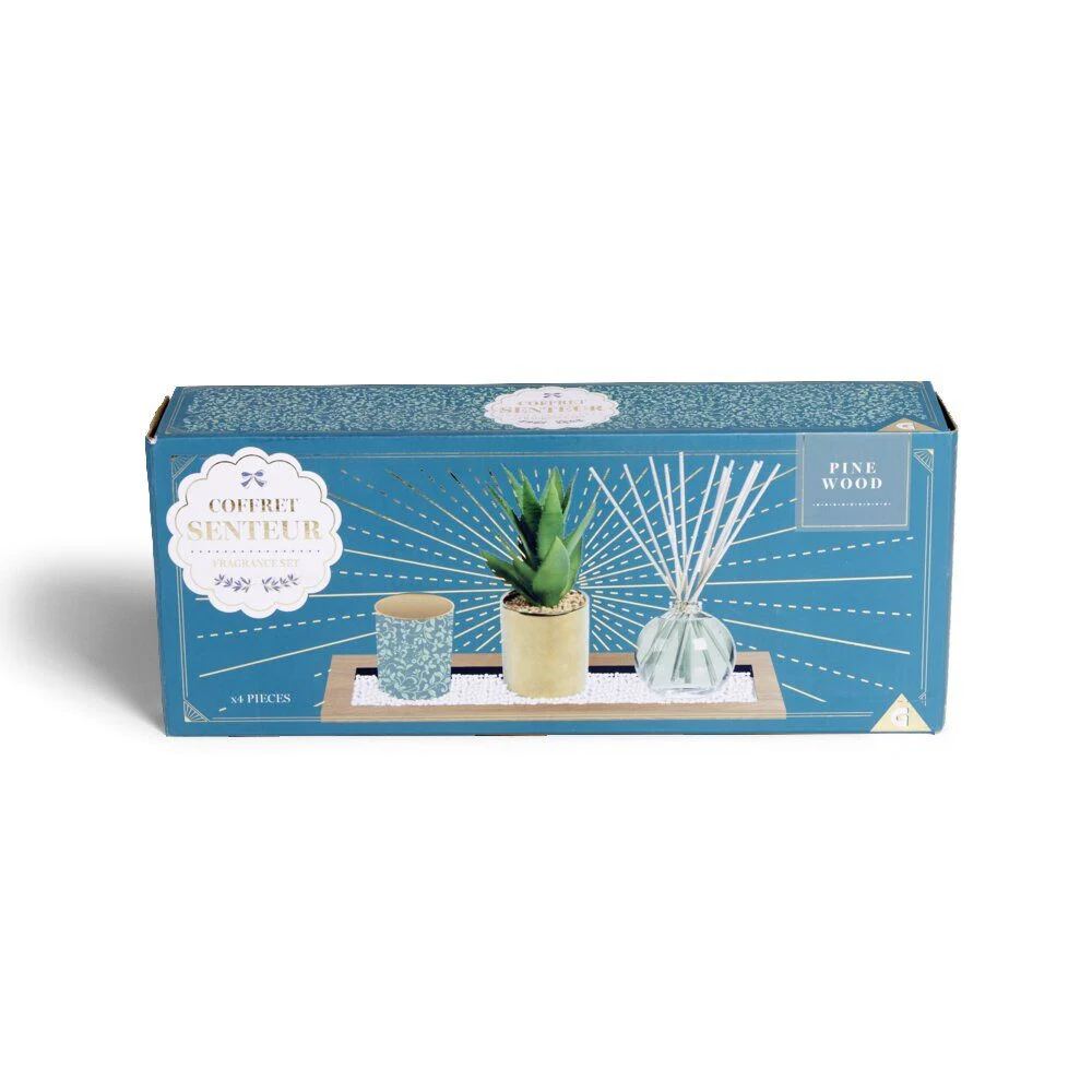 Coffret senteur bougie/plateau/diffuseur/plante artificielle