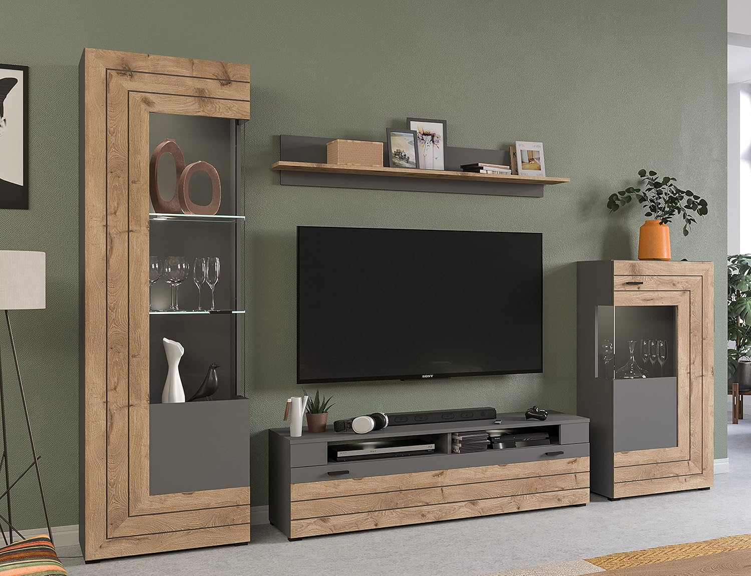 xonox.home Wohnzimmer Freno Vitrine Glas Vitrine Deko-Vitrine Stauraumvitrine in grau Nb.Absetzung Nox Oak Nb.ca.60x194x37 cm