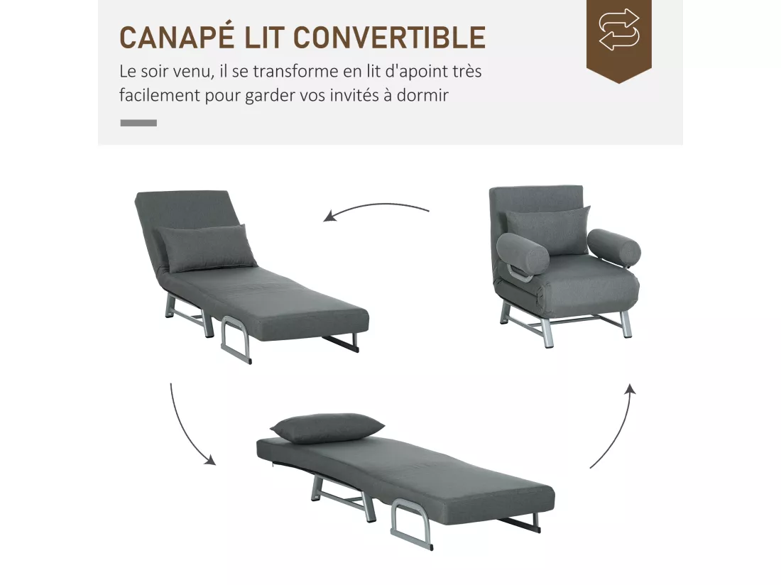 Fauteuil chauffeuse canapé-lit convertible inclinable 1 place grand confort coussin lombaires accoudoirs piètement métal lin gris foncé
