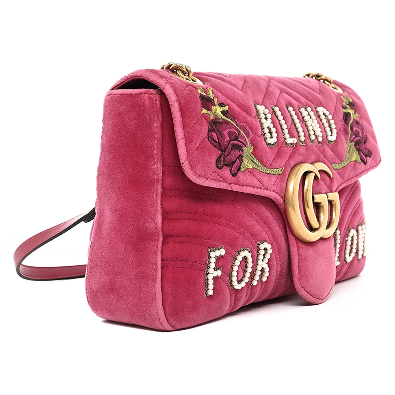 Gucci Sac bandoulière en Velours Marmont MM rose - Très bon état - L.29 cm