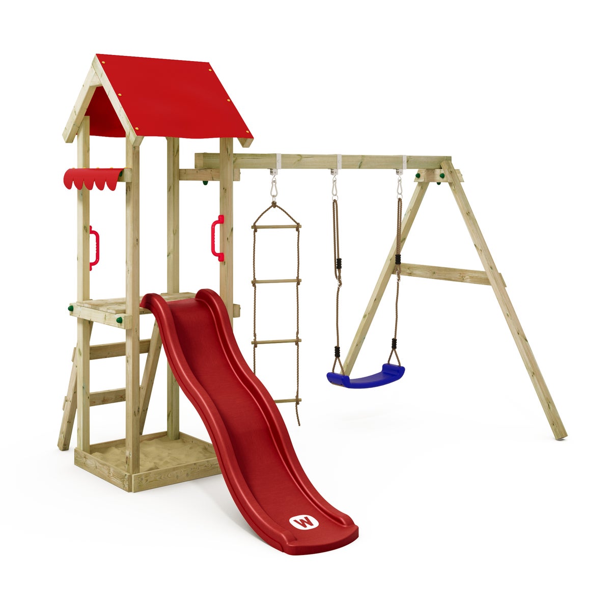 WICKEY TinyCabin Speeltoren Klimrek met Schommel en Glijbaan, Klimtoren met Zandbak, Ladder en Speelaccessoires - Rood