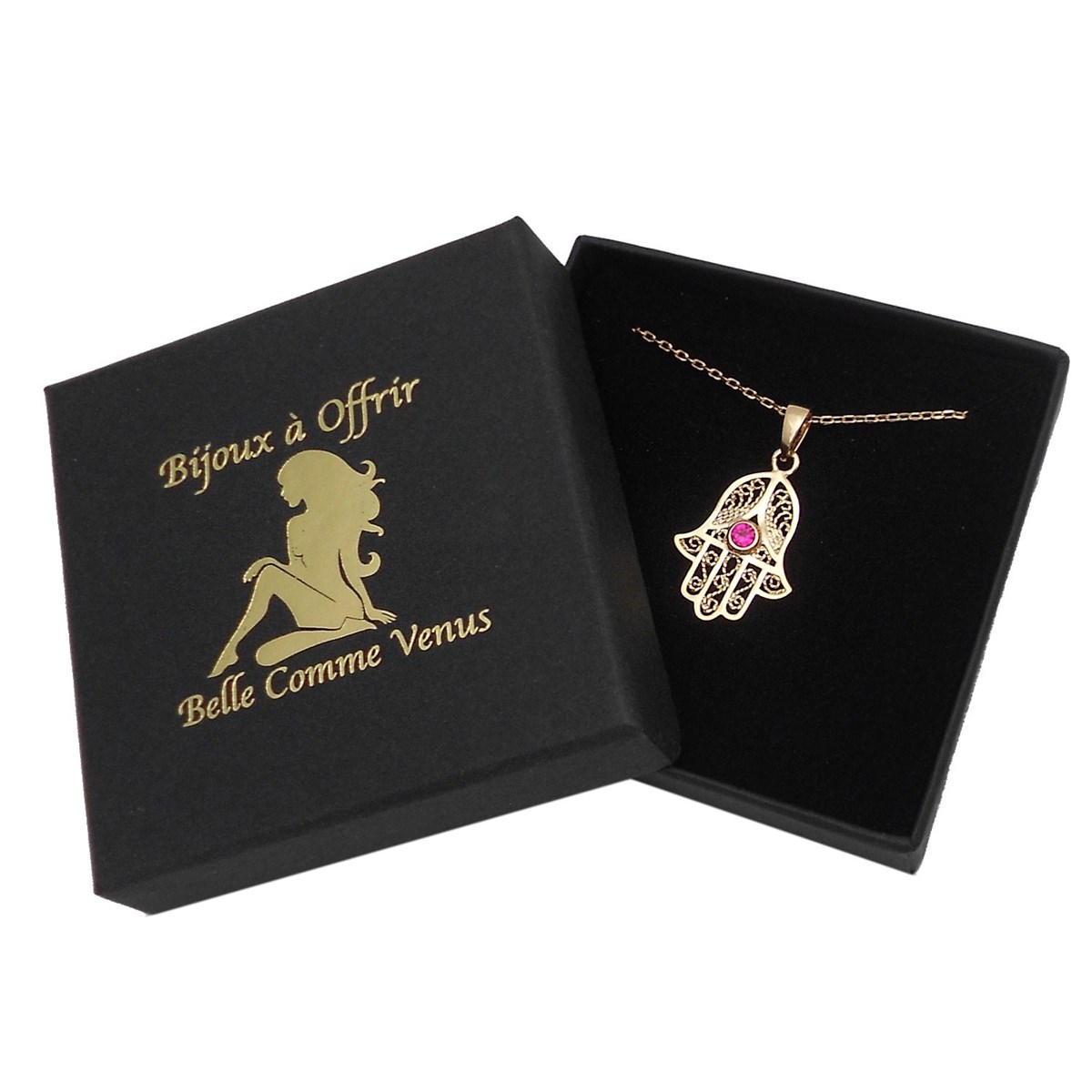 Collier main de Fatma oxyde de zirconium rose Plaqué OR 750 3 microns