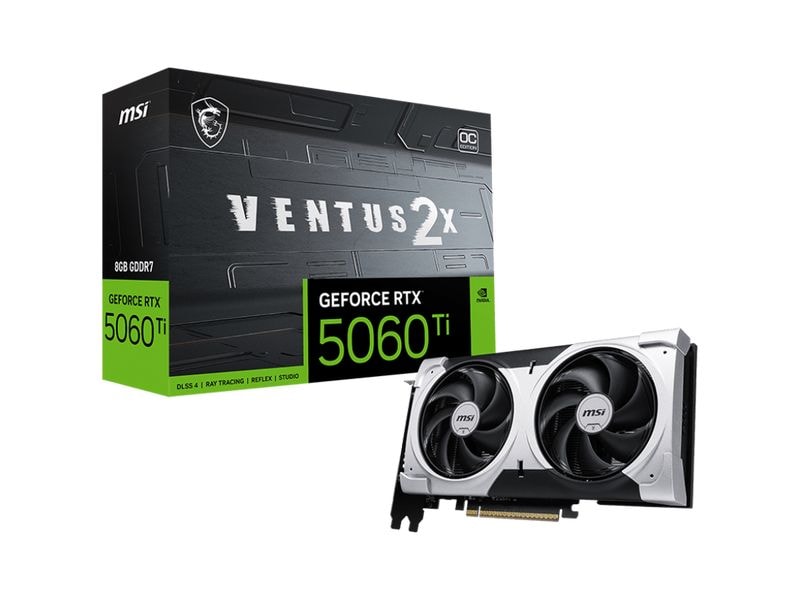 MSI GeForce RTX 5060 TI 8G VENTUS 2X OC PLUS Die VENTUS-Serie wurde für jede Herausforderung entwickelt und konzentriert sich auf das Wesentliche. Die effiziente Kühlung ist in einem robusten Gehäuse mit neutraler Ästhetik untergebracht, das sich nah
