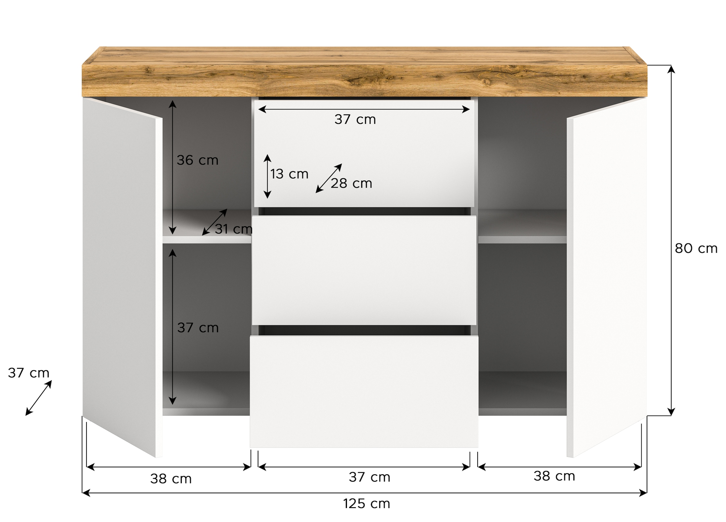 GOODproduct Sideboard »MAMBO, TOPSELLER!, Breite 125cm, 2 Türen, 3 Schubkästen, push-2-open« 2 farbige Ausführung, in verschiedenen Farben erhältlich, 1 Stk. tlg. Sideboard, Kommode, Wohnzimmer, Flur, Arbeitszimmer
