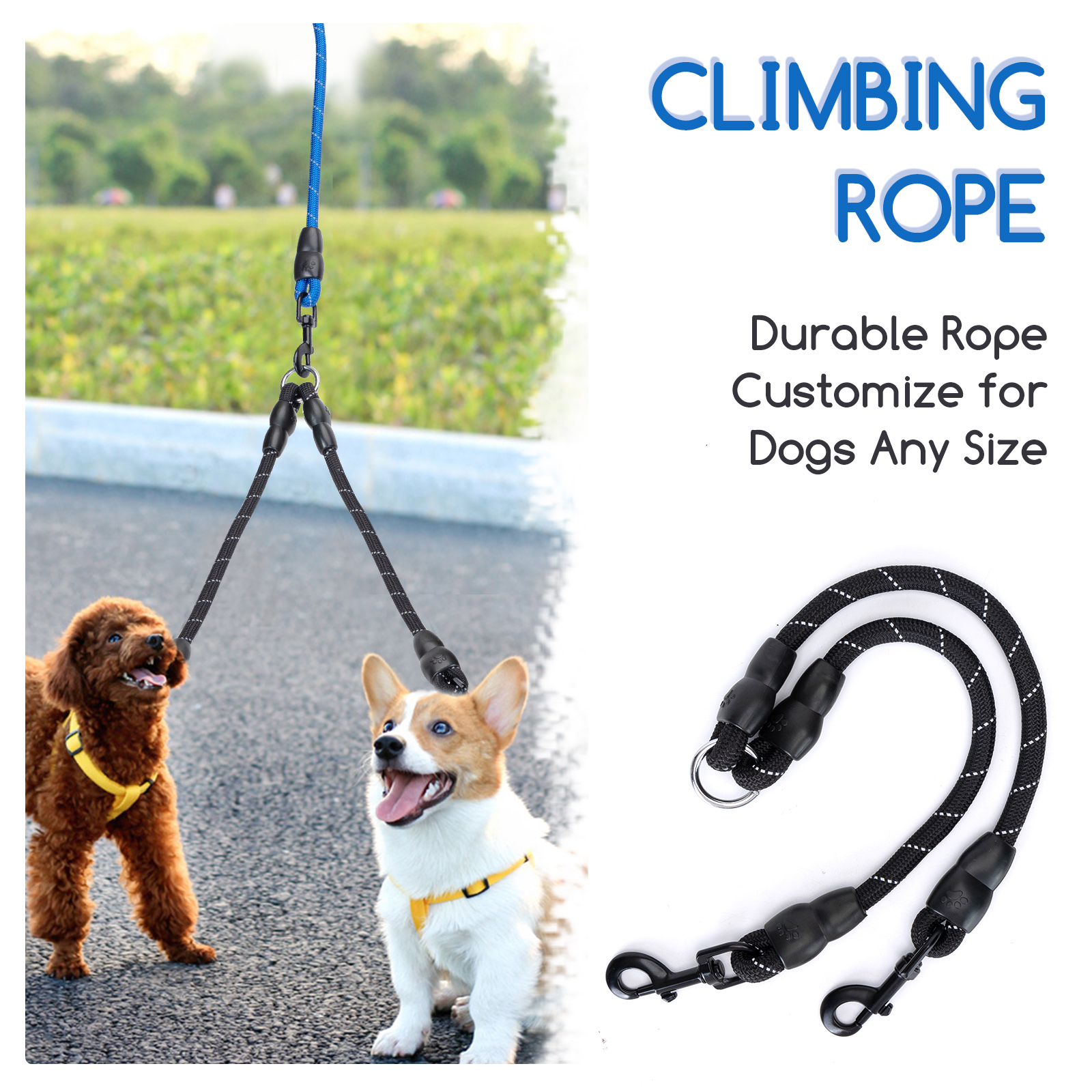 Guia dupla para cães Nobleza, redonda, em nylon, que não embola, com giro de 360°, para cães de grande, médio e pequeno porte.