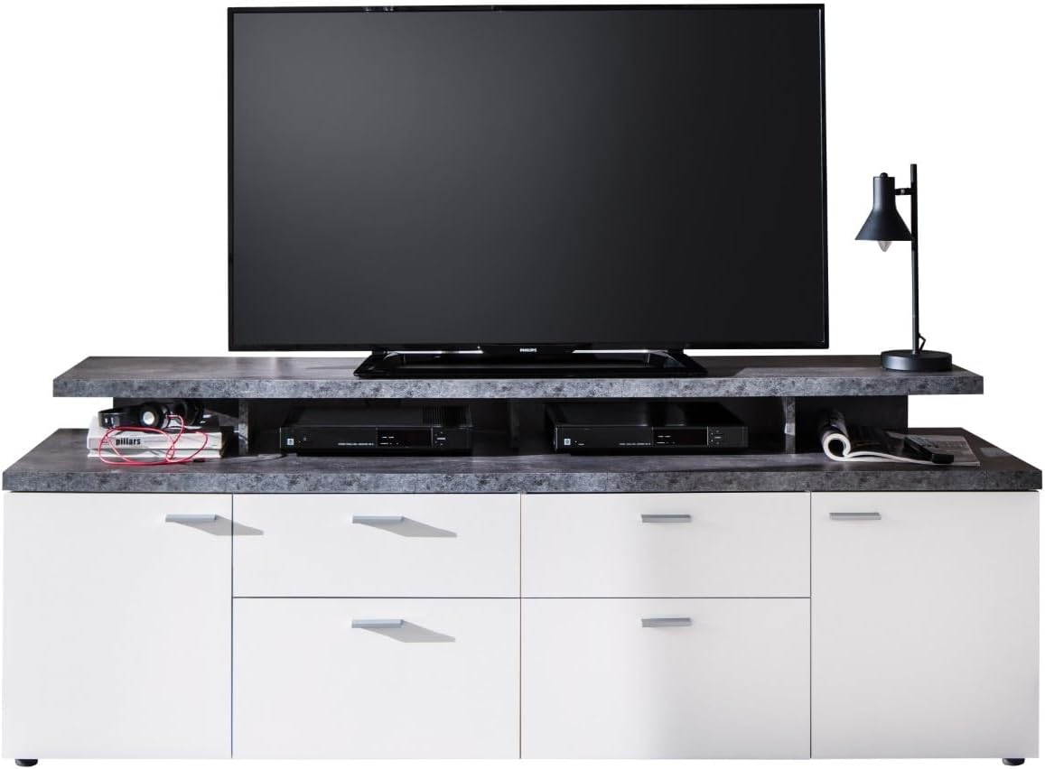 trendteam smart living - Mood - TV-Schrank - Weiß/Grau - TV-Lowboard mit 2 Türen, 2 Schubladen und 2 Klappen - (BxHxT) 180 x 66 x 47 cm - Kabeldurchführung