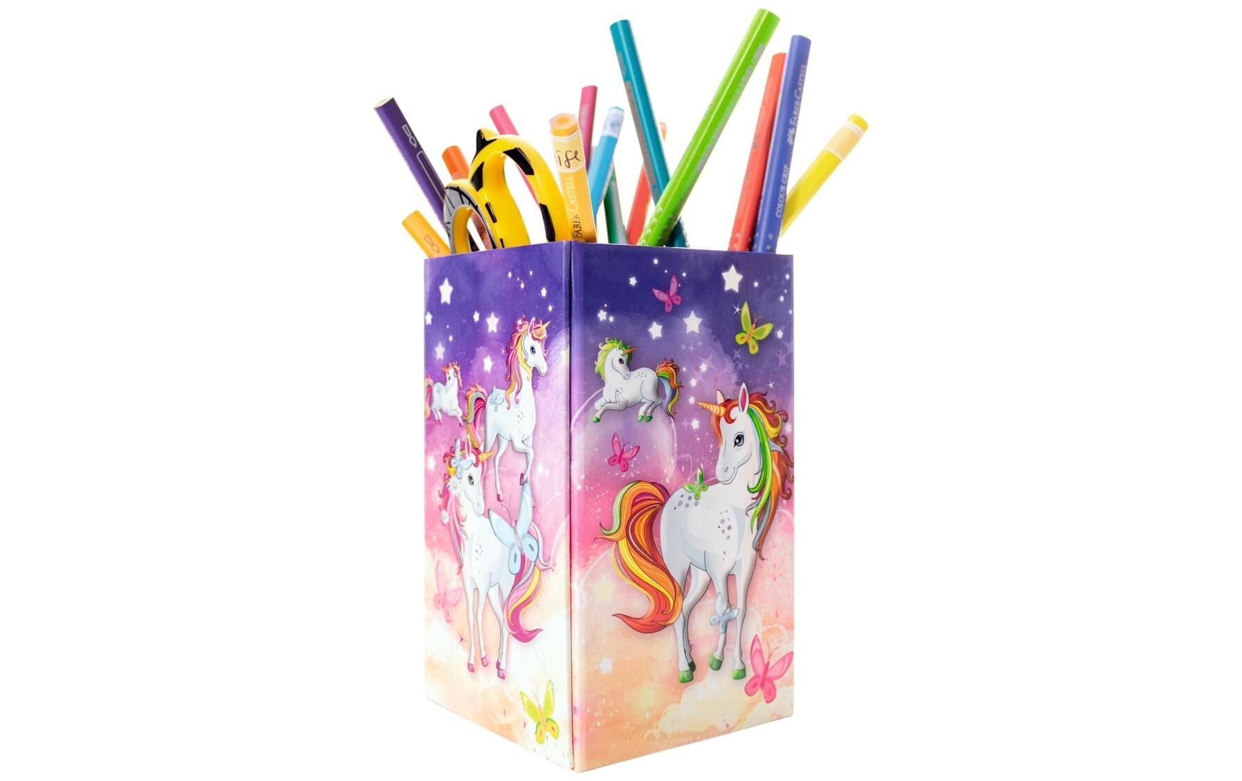 Stiftehalter Einhorn MehrfarbigFaltbarer Stifteköcher aus stabilem Karton im Einhorn-Design