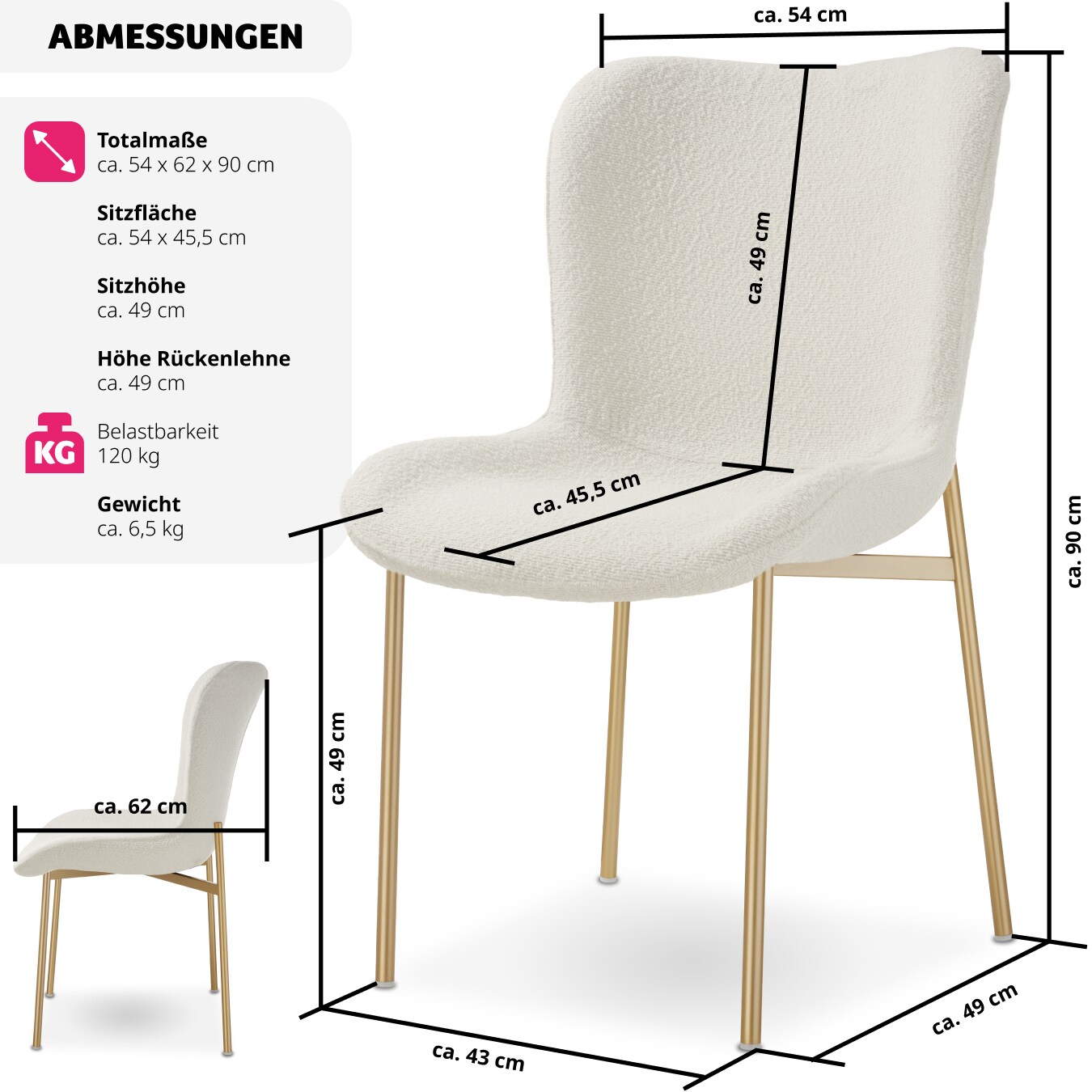tectake® Polsterstuhl, ergonomische Form mit hoher Rückenlehne, bodenschonende Kunststoffkappen, 54 x 62 x 90 cm