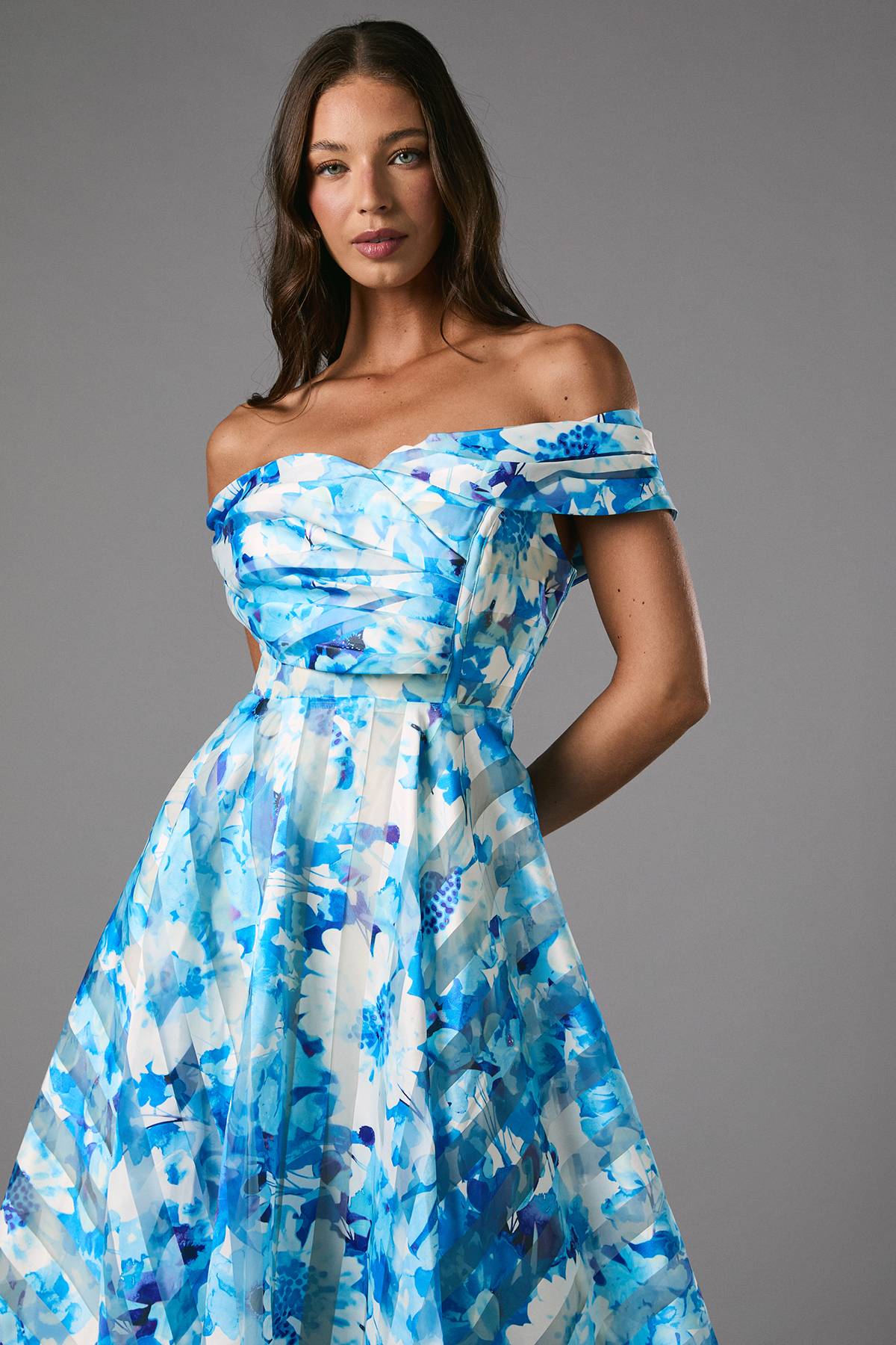 Coast Robe Midi à Imprimé Floral avec Haut Plissé en Organza Rayé