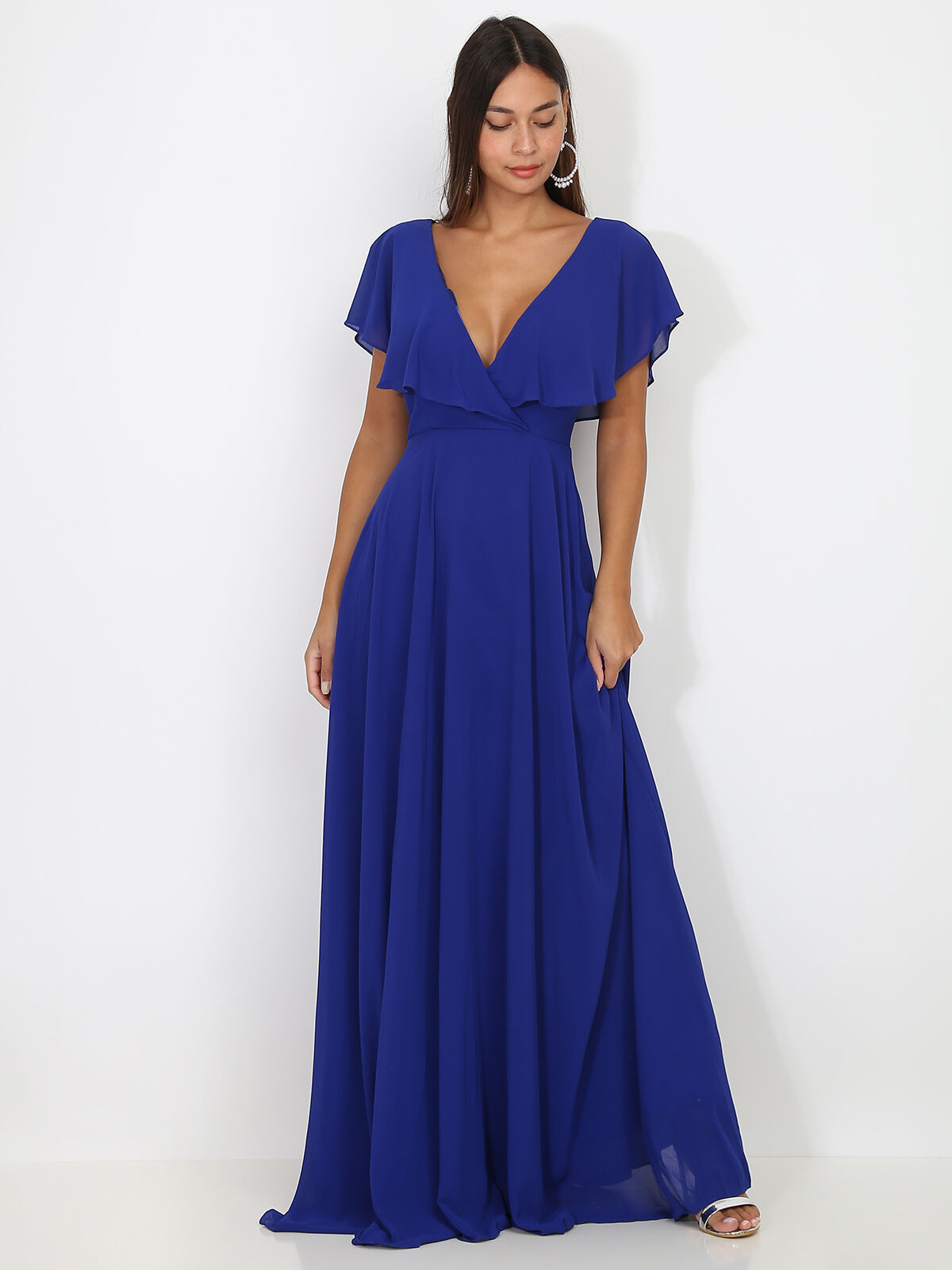 Robe longue décolleté à volants- Bleu