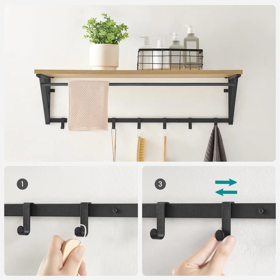 Wandkapstok - industriële look - 7 haken - 90x26x30 cm - lichte eik
