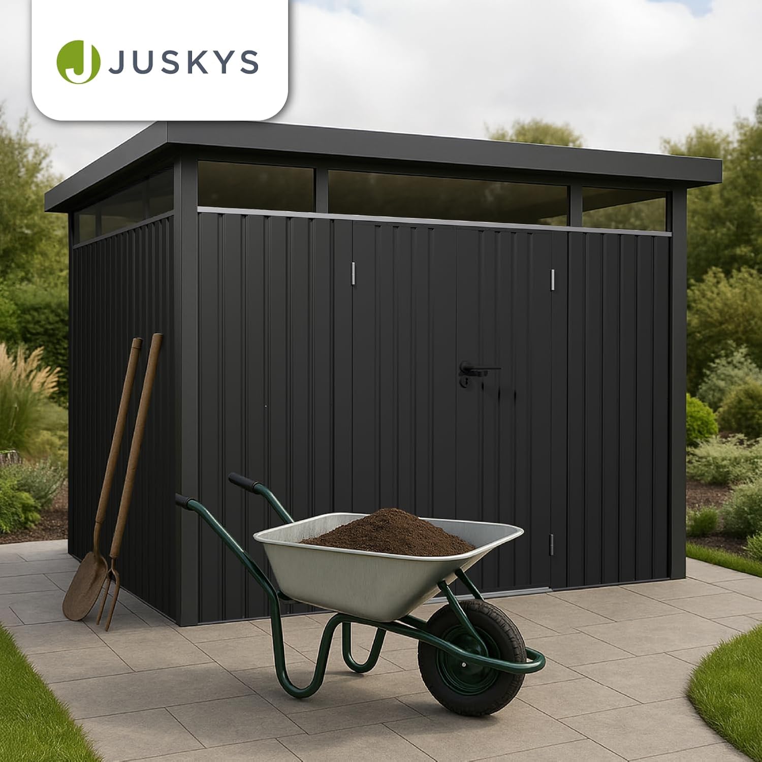 Juskys Gerätehaus Luzern L - 7,8 m² - Metall Geräteschuppen mit Türen & Fenstern - wetterfest & abschließbar - Fahrradgarage, Gartenhaus - Anthrazit