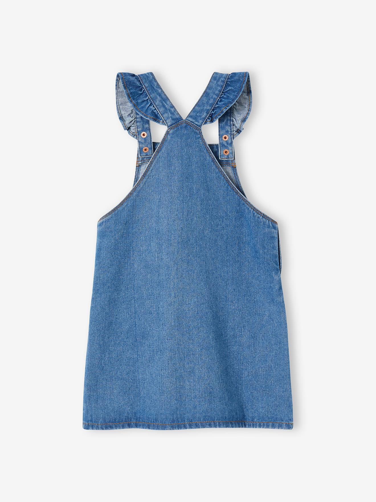 Vestido jardineira jeans com alças e babados para meninas (cor pedra)