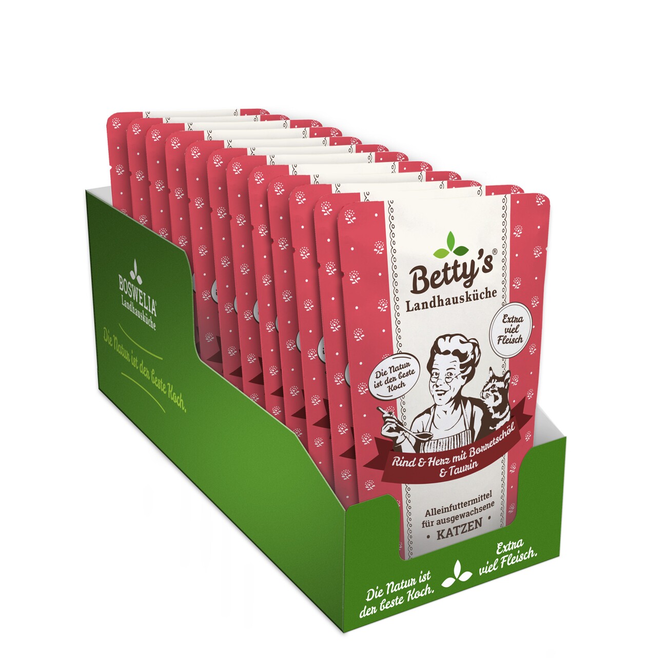 Betty's Landhausküche Frischebeutel Rind & Herz 12 x 100g für Katze