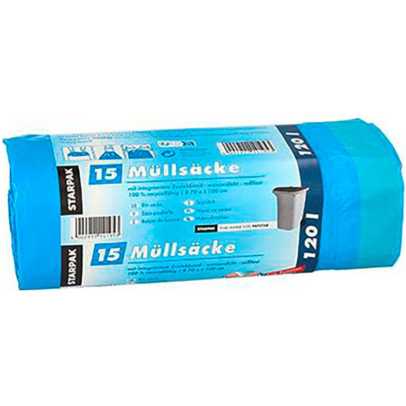 Sac poubelle LDPE, à lien coulissant, 120 L, bleu