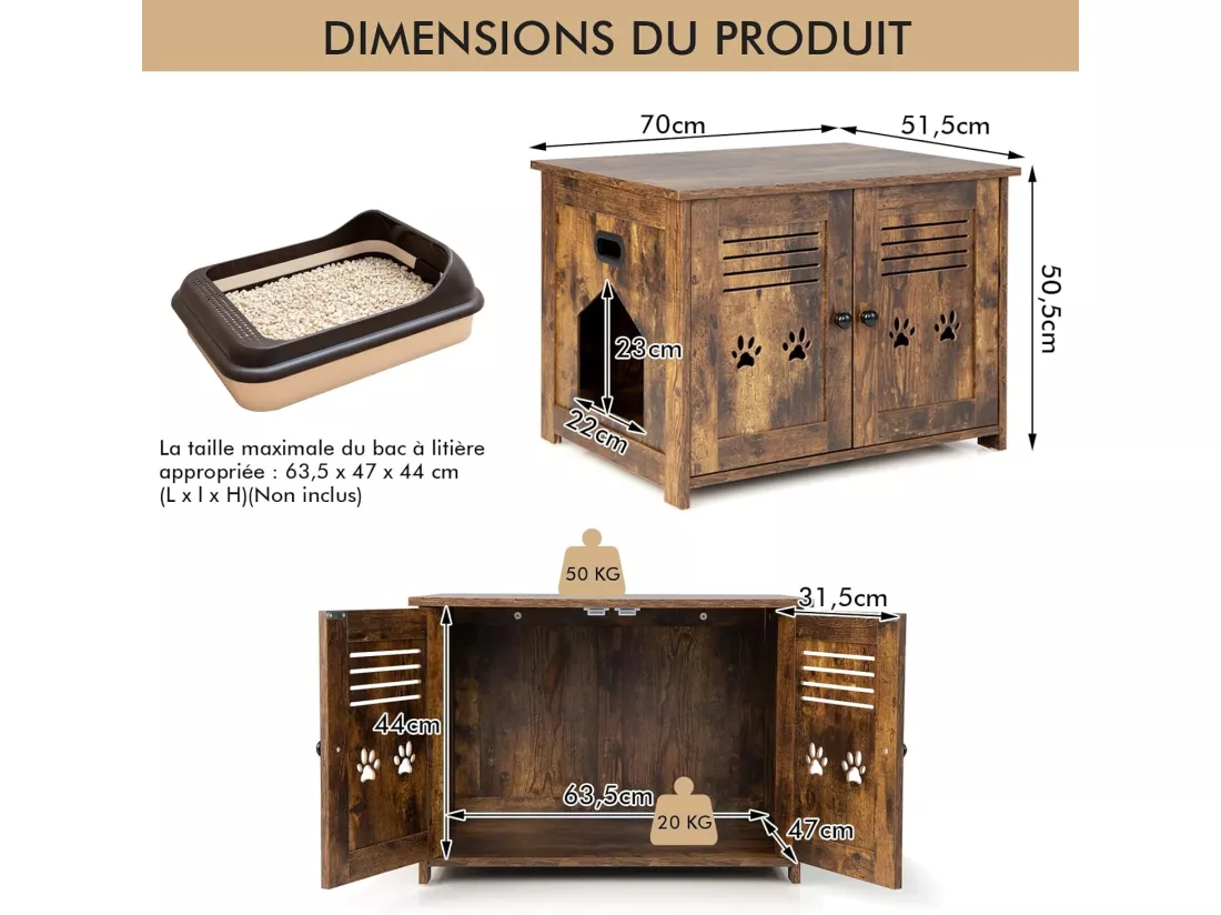 Meuble Litiere Chat avec Portes à Persiennes et 2 poignées découpées Style Industriel, 70 x 52 x 51 CM,