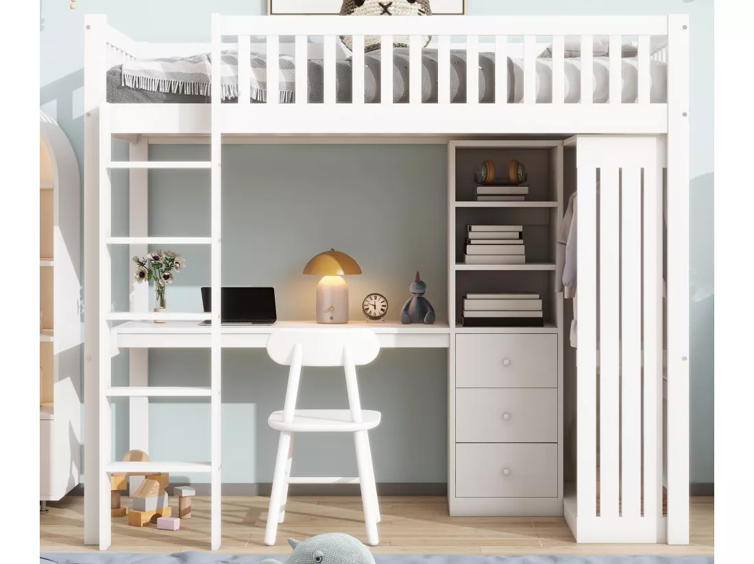 Lit mezzanine 90x200 cm en bois - avec bureau & penderie - Blanc