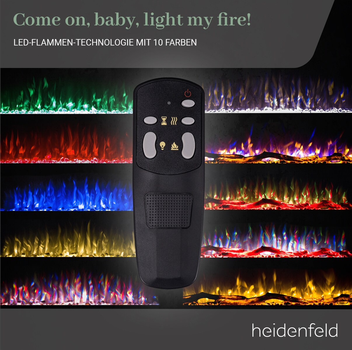 Heidenfeld Elektrokamin HF-WK300, elektrischer Kamin mit 3D-Flammeneffekt, 1500W, 3J Garantie, Timer (Schwarz, 128.0 x 55.0 cm)