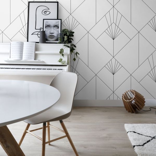 Estahome Art Deco Motief Fotobehang I  - 1,5 x 3 m - Wit / Zwart