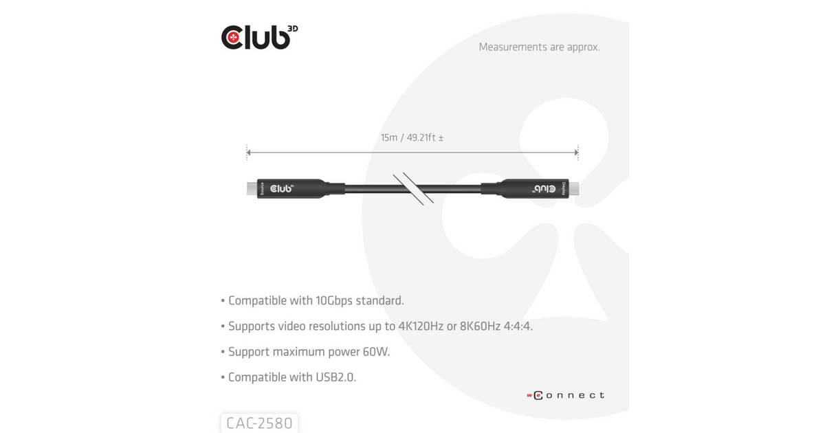 Club 3DFull-Feature USB-C kabel, 15m  (Zwart, 8K60Hz 10Gbps 60W)