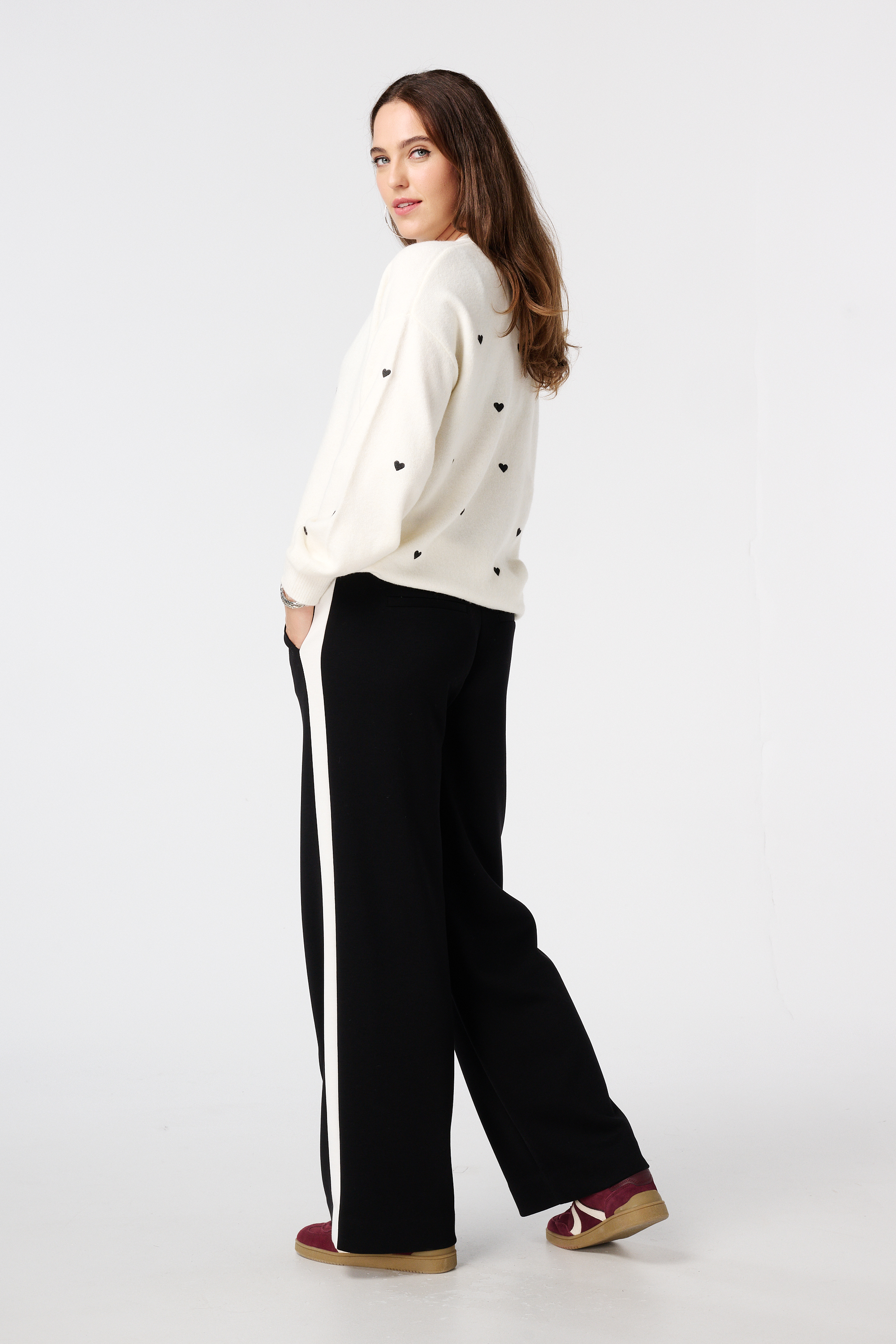 Wijde pantalon met contraststreep Zwart
