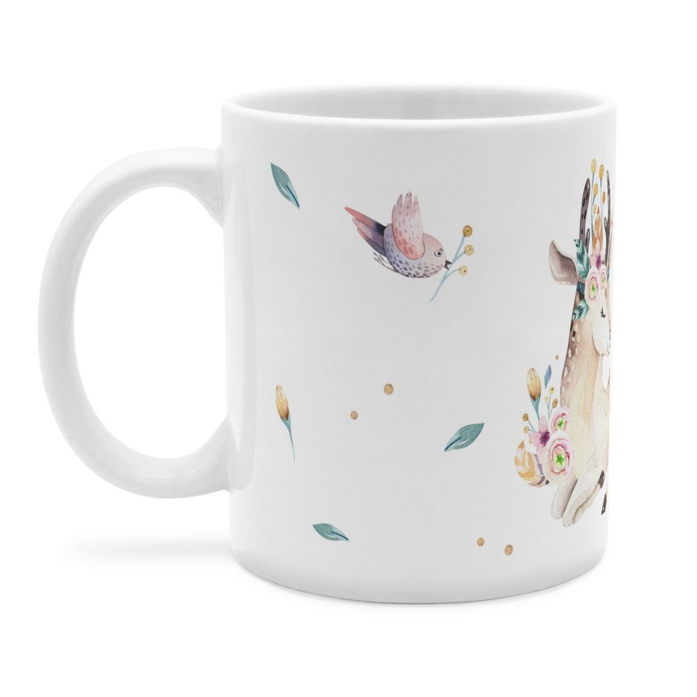 Personalisierte Panorama-Tasse, weiß (Motiv: Reh)