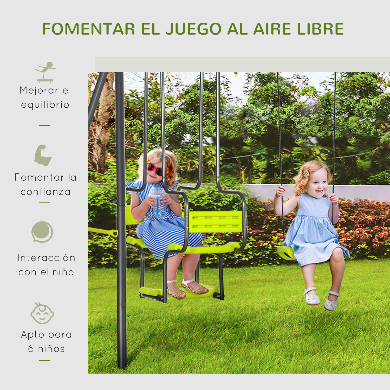 Conjunto de balanço infantil Outsunny Green para áreas externas, com 2 balanços e cadeira de balanço para crianças.