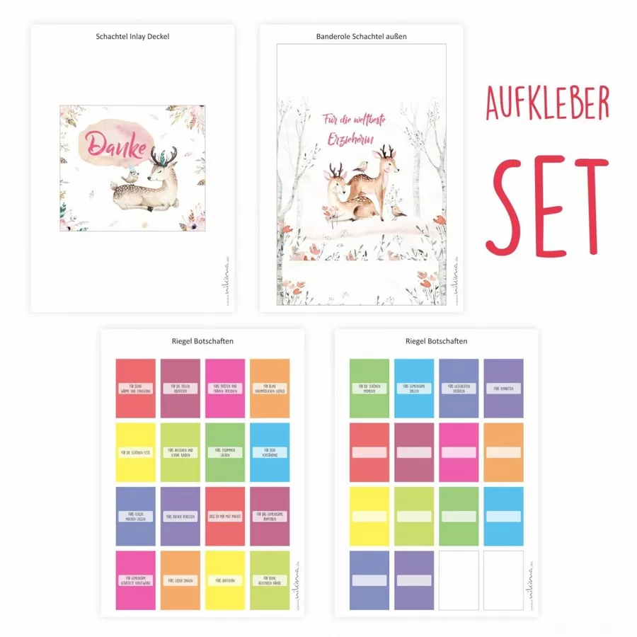 Nikima Papeterie AUFKLEBER SET - Merci Danke Reh Abschiedsgeschenk Kita Erzieher bunt