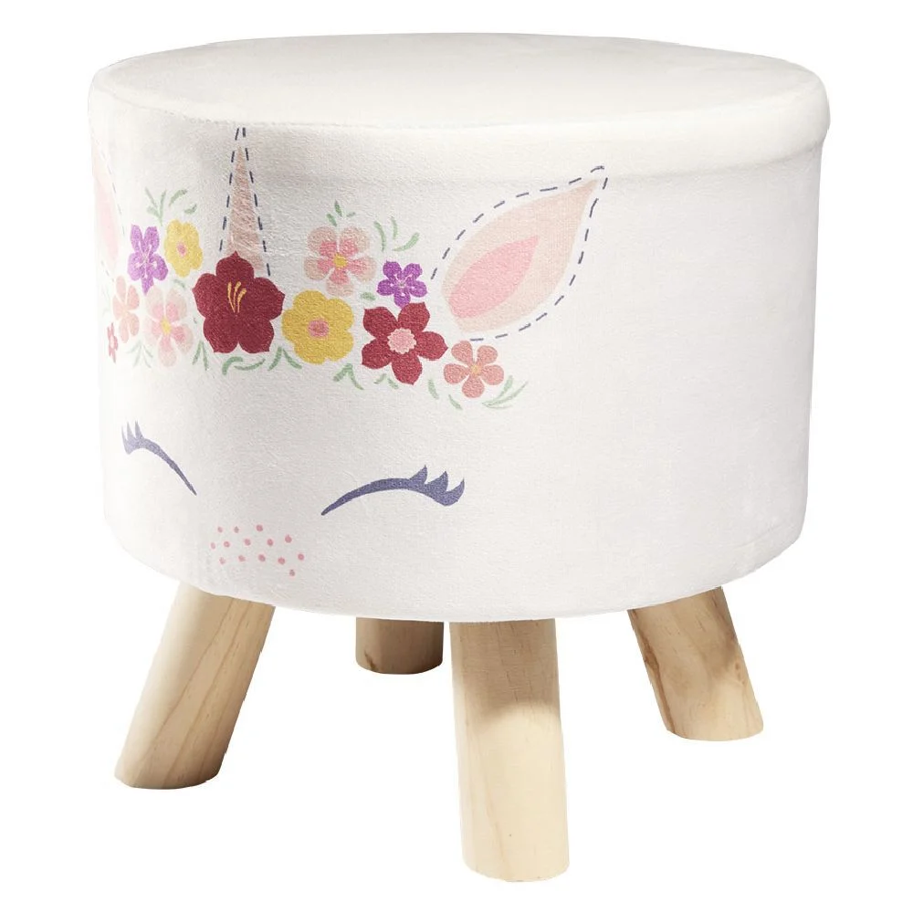 Pouf enfant motif licorne fleur blanc et rose Ø30xH30cm